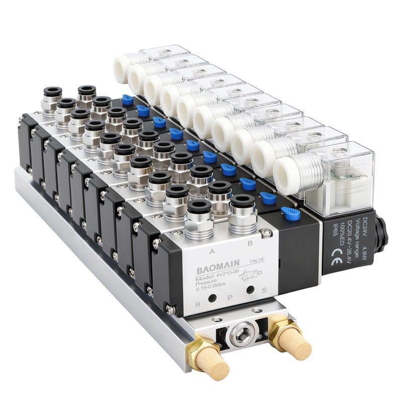 Baomain 10 Station Solenoid Valve Manifold, 24V DC 5 Way 2 Position Pneumatic Air Valve, Ten Solenoid, 1/4" PT Port, Includes Manifold Base & Mufflers, 4V210-08 - Image 1